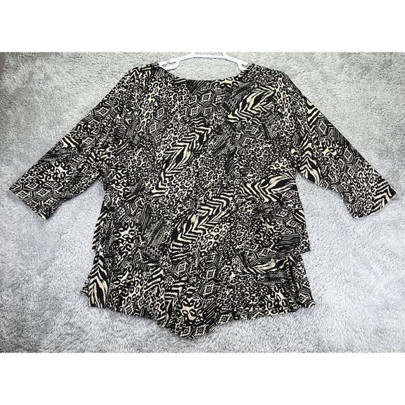 Susan Graver PRINTED LIQUID KNIT TIERED TOP 2X Animal 3/4 Sleeves Shirt - Picture 2 of 8
